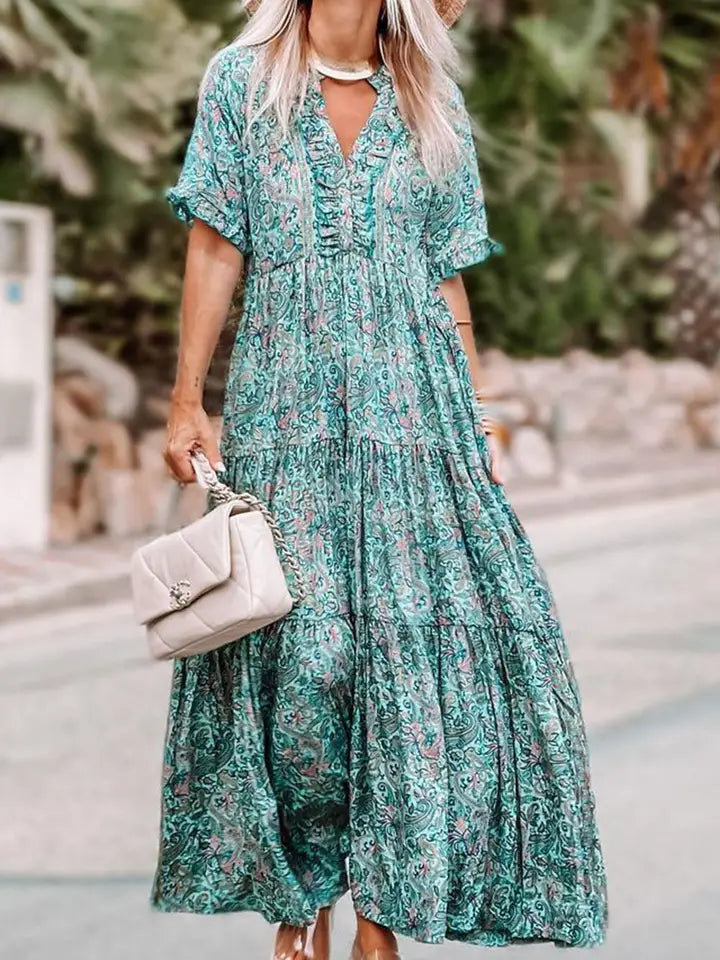 PAISLEY PRINT BOHO HOLIDAY RUFFLE TIERED MAXI DRESS